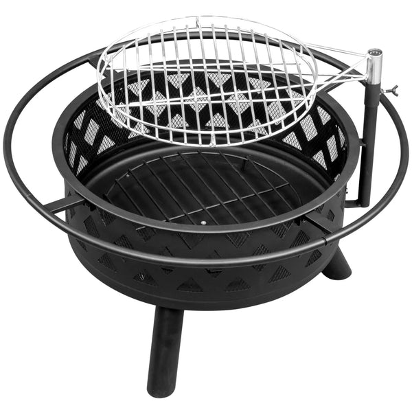 Fire Pit, 30in Round Wood Burning Fire Pit Outdoor Fireplace with with Cooking Grill Firepit, Grill Adjustable Cooking Grate Firepits for Patio/Backyard/Bonfire, Black