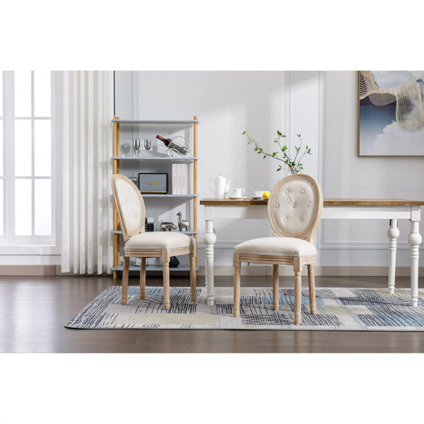 French Country Dining Chairs Set of 2,Solid Wood Frame Antique Painting Linen Fabric Accent Chair,Tufted Upholstered Oval Back Vanity Chair,Cream