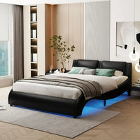 Full Bed Frame with LED Light, Upholstered Full Size Platform Bed Frame with Headboard, Modern Faux Leather Full Wave Like Curve Low Profile Bed Frame with Durable Wooden Slats Support, Black