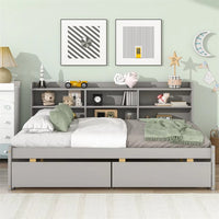 Full Daybed with Storage Bookcase, Wood Platform Bed with 2 Drawers on Casters, Full Sofa Bed Frame for Kids Girls Boys, No Box Spring Needed, 250 lbs Weight Capacity, Gray