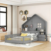 Full Floor Bed for Kids, Wood Montessori Floor Bed with Rails and Bedside Drawers,Floor Bed Frame with Shelves and a Set of Sockets and USB Port,Gray