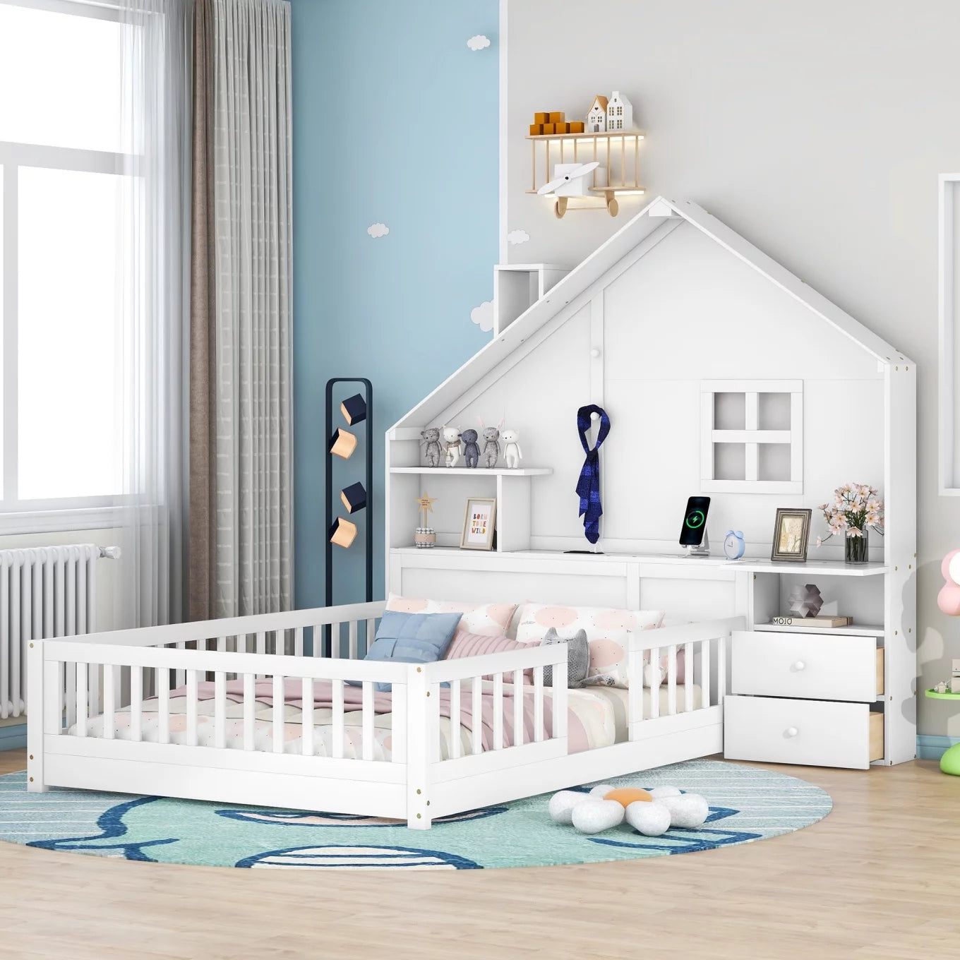 Full Floor House Bed for Kids Wood Montessori Bed with Rails