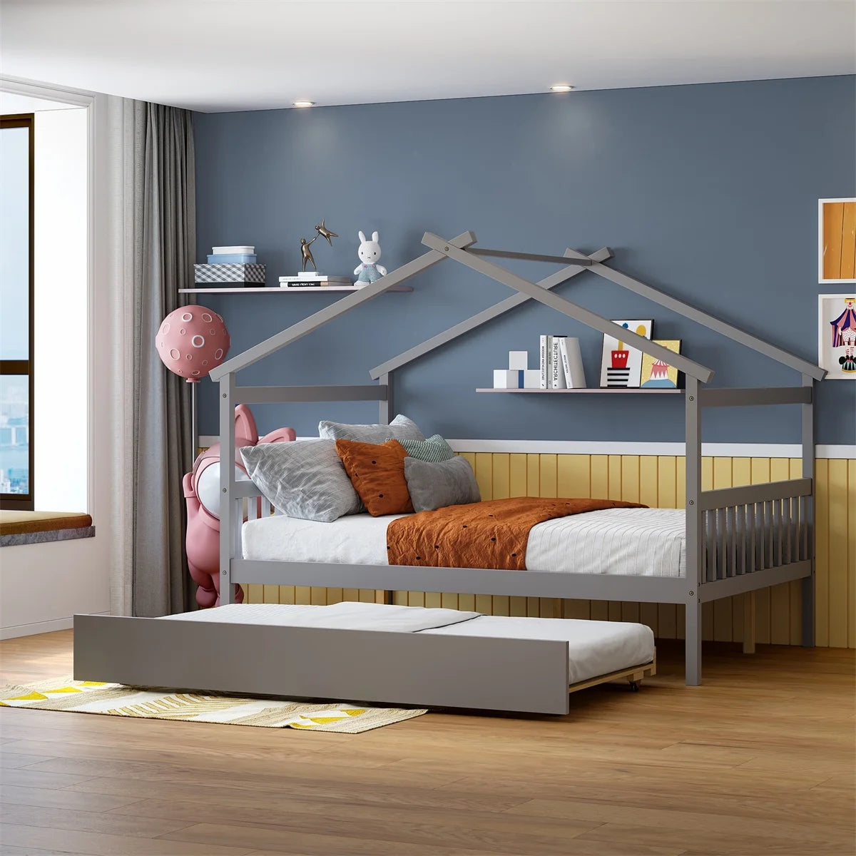 Full House Bed with Twin Size Trundle Bed,House Bed for Kids with Support Legs,Wooden Kids House Full Bed Frame for Toddlers,Kids,Teens.No Box Spring Needed,Gray