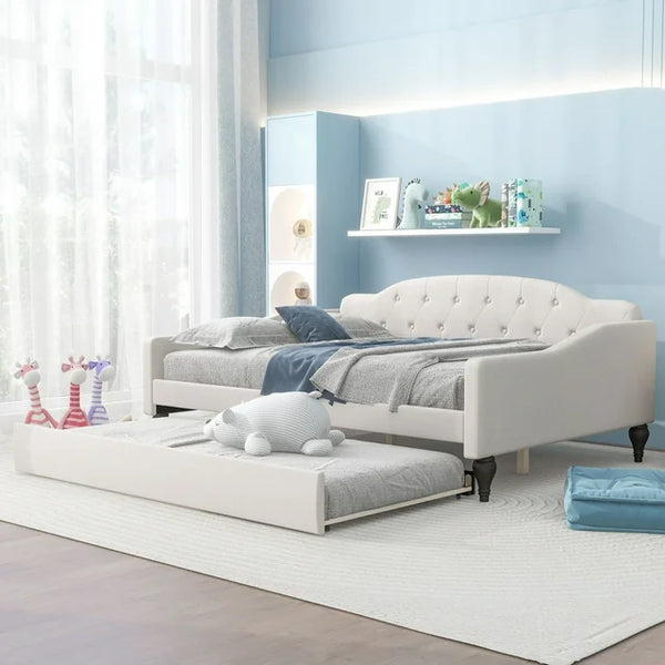 Full Linen Upholstered Daybed with Twin Size Trundle, Full Size Upholstered Tufted Sofa Bed with Nail Head Trim, Trundle Daybed with Wood Frame, Beige