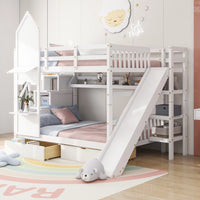 Full Over Full Bunk Bed for Kids, Castle Style Full Bunk Beds with Slide, 2 Drawers and 3 Shelves, Solid Wood Bunk Bed with High Full-Length Guardrail and Staircase for Kids Girls and Boys, Gray
