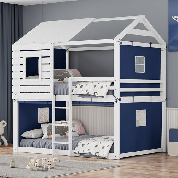 Full Over Full Bunk Bed, Wood Full Size Bunk House Bed with Tent and Windows, Blue+White
