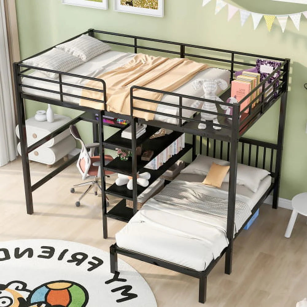 Full Over Twin Metal Bunk Bed L Shaped Loft Bed Frame with Built