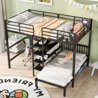 Full Over Twin Metal Bunk Bed, L Shaped Loft Bed Frame with Built-in Desk, Shelves and Ladder, Bunk Bed with Desk, Full Over Twin Bunk Bed, Twin Over Full Bunk Beds (Black)
