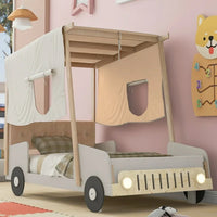 Full Size Car Canopy Bed with Ceiling Cloth and Upholstered Headboard, Platform Bed Frame with Light, Car-Shape Bed Frame with Wheels for Toddler Children Boys Girls,Natural