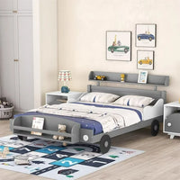 Full Size Car-Shaped Bed with Wheels, Wooden Platform Bed Frame with Storage Shelf for Kids Boys Girls Bedroom Playroom Easy Assembly, No Box Spring Required, Gray