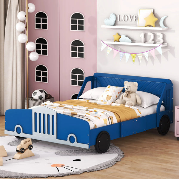 Full Size Car-Shaped Platform Bed, Modern Kids Bed with Wheels Rails, No Box Spring Required Fit 6" Mattress 400Lbs Load 77.2"L x 55.9"W x 29.9"H, Blue