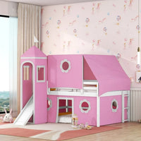 Full Size Castle Bunk Bed, Wooden House Bunk Beds with Slide, Ladder, Tent, Tower, Door, Circle Window, Kids Bunk Bed Full Over Full for Girls Boys, Pink