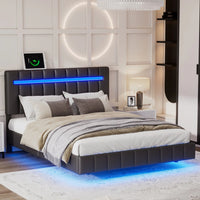 Full Size Floating Bed Frame with LED Lights and USB Charging, Upholstered Headboard Platform Bed, Non-Slip and Noise-Free, Wooden Bed Frame for Kids Teens, Adults,No Box Spring Needed, Black