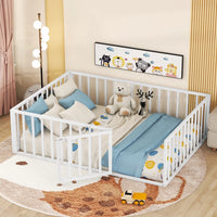 Full Size Floor Bed for Kids and Toddlers, Metal Montessori Floor Bed with 21.7" High Full-Length Fence and Door, Safety Montessori Bed Frame for Kids Girls and Boys, No Slats Supports, White
