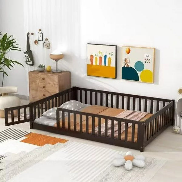 Full Size Floor Bed for Kids, Wood Full Montessori Bed Frame with Fence Guardrails and & Support Slats, Full Playhouse Bed with Door Design, Kids Fence Bed Playpen Bed for Boys ,Girls, Expresso