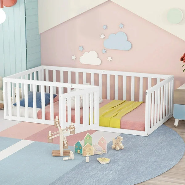 Full Size Floor Bed for Kids, Wood Full Montessori Bed Frame with Fence Guardrails and & Support Slats, Full Playhouse Bed with Door Design, Kids Fence Bed Playpen Bed for Boys ,Girls, White
