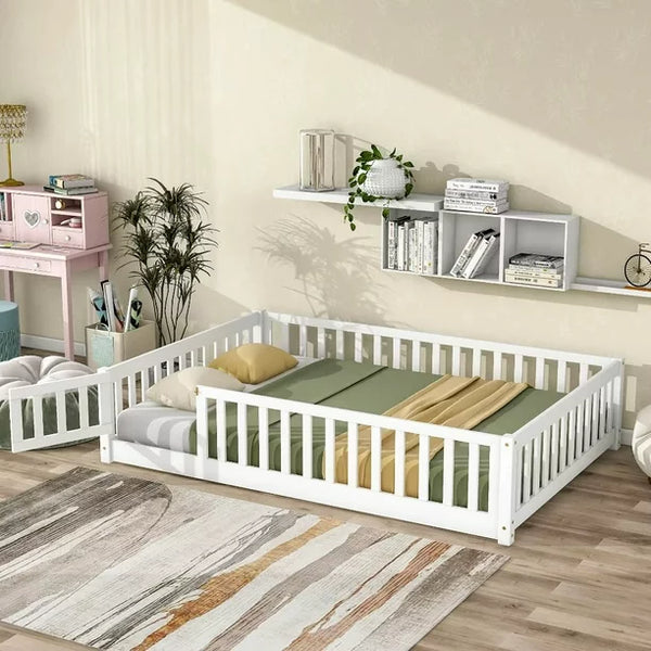 Full Size Floor Bed for Kids, Wood Full Montessori Bed Frame with Fence Guardrails and & Support Slats, Full Playhouse Bed with Door Design, Kids Fence Bed Playpen Bed for Toddler, Boys ,Girls, White