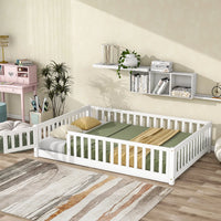 Full Size Floor Bed for Toddlers and Kids, Solid Wood Montessori Floor Bed with Safety Fence Rail and Small Door, Durable Montessori Bed Frame with Sturdy Slats Support for Boys and Girls, White