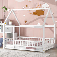 Full Size House Bed for Children,Solid Wood Floor Bed Frame with Fence Guardrails and Roof Montessori Bed,Playhouse Bed for Children Girls and Boys,White(No Bed Slats)
