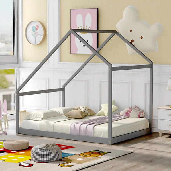 Full Size House Bed for Kids, Wooden Platform Bed Frame with Sturdy Slats Support Playhouse Floor Bed Montessori Bed Frame Canopy Bed for Bedroom, 78.7"L x 56.1"W x73"H, Gray