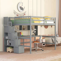 Full Size Loft Bed with Built-in Desk and Bookshelves, Wooden Bed Frame with Storage Staircase and Full-length Guardrail for Kids Teens Adults Bedroom, No Box Spring Needed, Gray