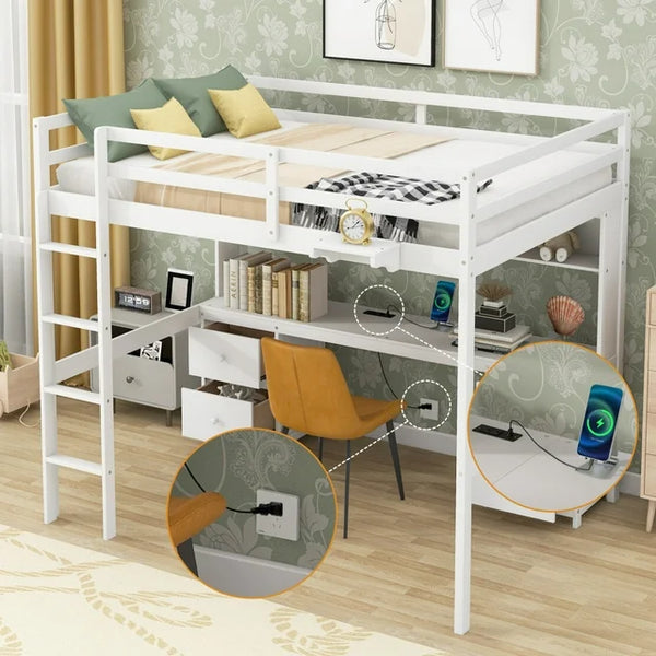 Full Size Loft Bed with Charging Station Multifunctional Loft Bed with Desk, Cabinets, Drawers and Bedside Tray, Solid Wood Loft Bed Frame with Built-in Ladder and Full-Length Guardrails, White