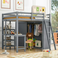 Full Size Loft Bed with Desk and Wardrobe, Solid Wood Loft Bed Frame with Inclined Ladder and Full-Length Guardrail, Loft Bed with Desk and Storage for Kids Teens Girls Boys Bedroom Dorm, Gray