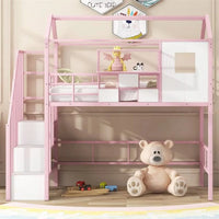 Full Size Loft Bed with Storage Stairs, Metal Loft Bed with A Storage Box and Safety Guardrail, House Bed with Roof Design for Kids Teens Adults Bedroom, No Box Spring Needed, Pink