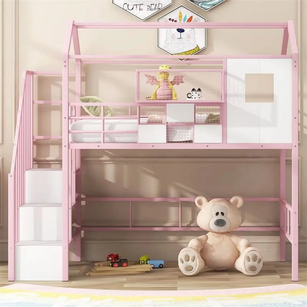 Full Size Loft Bed with Storage Stairs, Metal Loft Bed with A Storage Box and Safety Guardrail, House Bed with Roof Design for Kids Teens Adults Bedroom, No Box Spring Needed, Pink