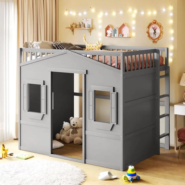 Full Size Loft Bed with Windows and Door, Solid Wood Loft Bed Frame with Ladder and Safety Guardrails House Loft Bed for Kids Boys Girls, No Box Spring Needed, Gray
