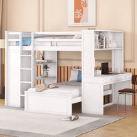Full Size Loft Bed, Wood Loft Bed with Desk and Stand-Alone Bed, Bunk Bed with Storage Shelves and Wardrobe, Loft Bed Frame for Teens Boys & Girls, White