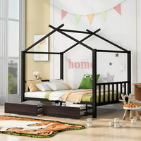 Full Size Metal House Platform Bed with Two Drawers, Low Platform Bed Frame with Headboard and Footboard, Roof Design House Bed for Kids, Teens and Adults, Sturdy Metal Slats Support, Black