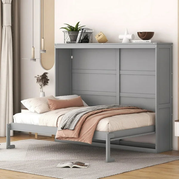 Full Size Mobile Murphy Bed Wall Bed Chest Versatility Bed, Wood Murphy Bed Wall Bed Frame, Foldable Platform Bed Folded into Cabinet, Folding Bed Cabinet Bed, Bedroom Furniture, Gray