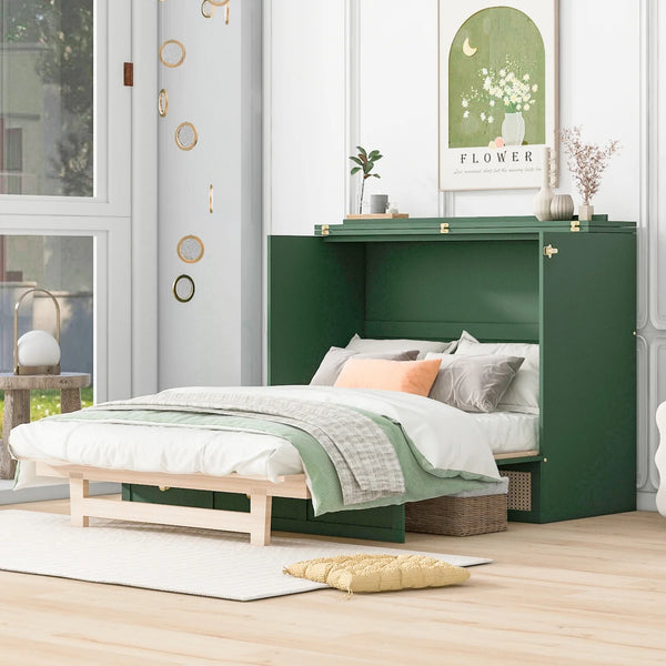 Full Size Murphy Bed with Drawer, Mobile Cabinet Bed Murphy Chest Bed,Multi-Functional Space-Saving Platform Bed,for Bedroom Guest Room, Green