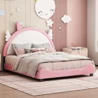 Full Size PU Leather Upholstered Princess Bed, Platform Bed Frame with Unicorn Shape Headboard and Footboard for Kids, Low Full Bed Frame for Girls, Teens, Adult