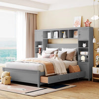 Full Size Platform Bed with 4 Storage Drawers and Bookcase Headboard, Wood Full Bed with All-in-One Cabinet and Shelf, Full Storage Bed Frame for Bedroom, Gray