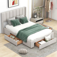 Full Size Platform Bed with Storage, Upholstered Linen Platform Bed Frame with 3 Drawers, Solid Wood Platform Bed with Sturdy Slats Support, Noise Free/No Box Spring Needed/Easy Assembly, Beige