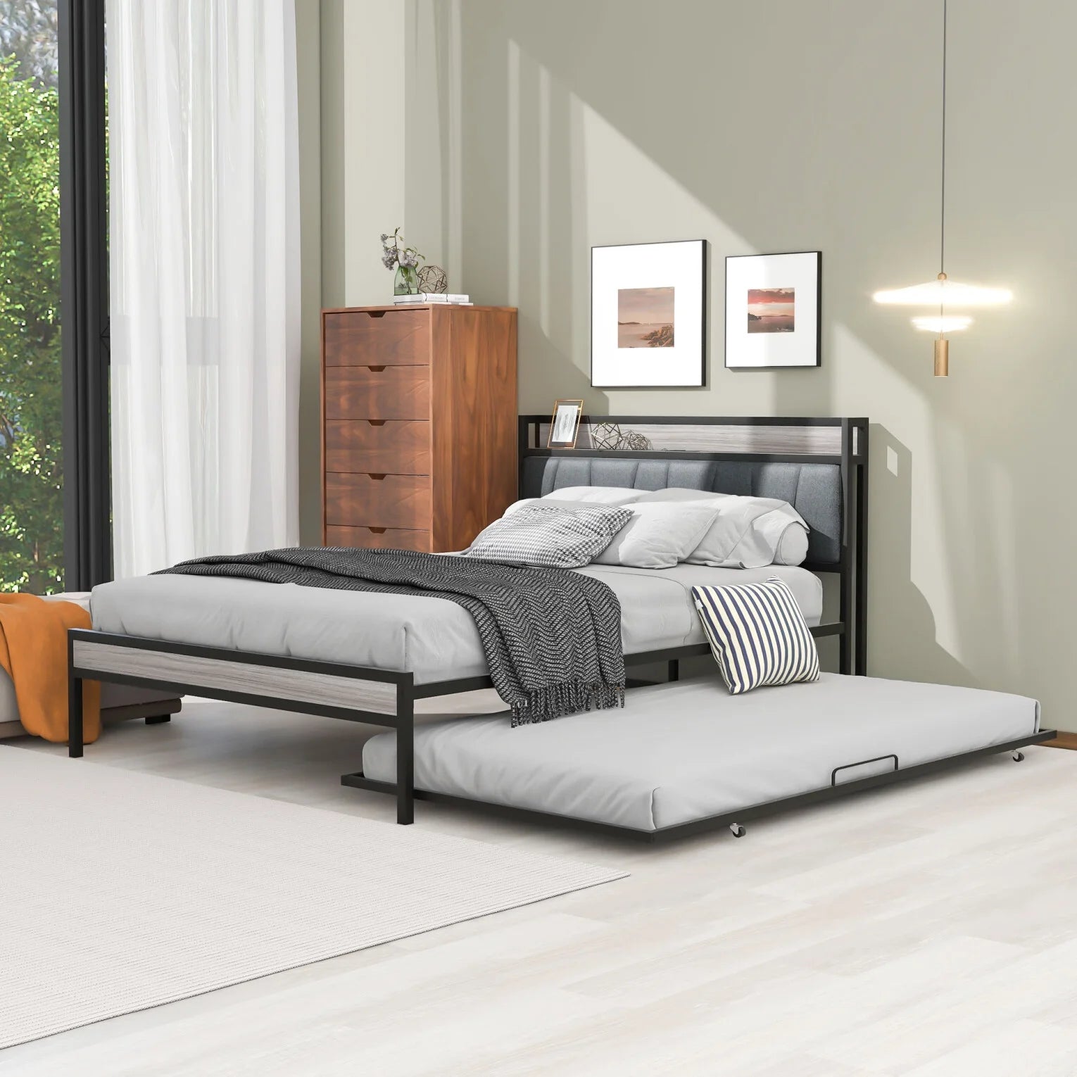 Full Size Platform Bed with Twin Size Trundle, Metal Platform Bed Frame with Upholstered Headboard, Sockets and USB Ports, Sturdy Slat Support Full Size Bed Frame, No Box Spring Needed, Black