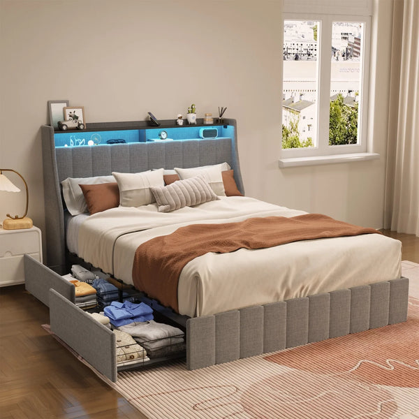 Full Size Platform Bed with LED,Linen Fabric Upholstery Platform Bed Frame with Wings Storage Headboard Design and 4 Drawers,Light Grey
