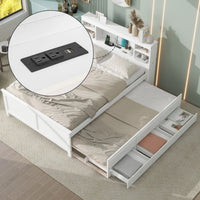 Full Size Platform Bed with Twin Size Trundle,Platform Bed Frame with Storage Headboard,USB and 3 Drawers,White