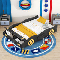 Full Size Race Car-Shaped Platform Bed for Kids, Solid Wood Platform Bed Frame with Wheels and Storage, Sturdy Car Bed with Full-Length Guardrails for Kids Boys and Girls, Space Saving Design, Black