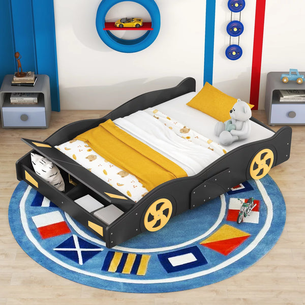 Full Size Race Car-Shaped Platform Bed for Kids, Solid Wood Platform Bed Frame with Wheels and Storage, Sturdy Car Bed with Full-Length Guardrails for Kids Boys and Girls, Space Saving Design, Black