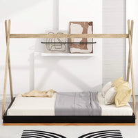 Full Size Tent Floor Bed with Triangle Structure, Wood Montessori Bed House Bed, Wood Platform Bed Frame with Roof, Teepee Bed, Playhouse Design, No Box Spring Needed, Natural