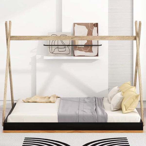 Full Size Tent Floor Bed with Triangle Structure, Wood Montessori Bed House Bed, Wood Platform Bed Frame with Roof, Teepee Bed, Playhouse Design, No Box Spring Needed, Natural