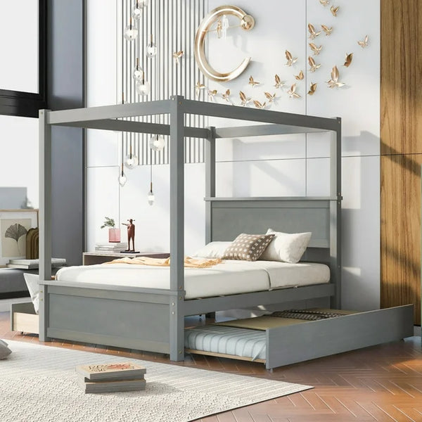 Full Size Wood Canopy Bed, Platform Bed With 2 Storage Drawers, Trundle Bed, Canopy Support Slats, Bed Frame, No Box Spring Needed, Gray