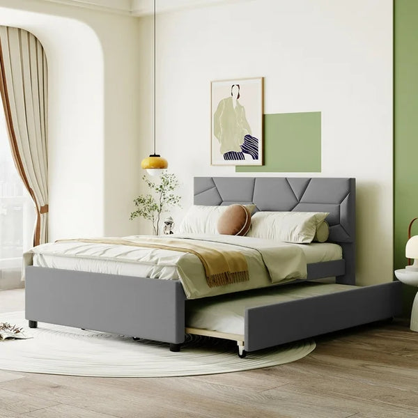 Full Upholstered Bed Frame with Trundle, Wood Platform Bed with Headboard for Bedroom Living Room, Space Saving Design, Gray