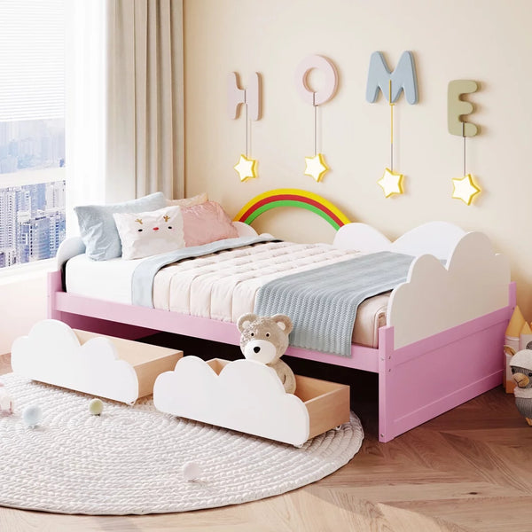 Girls Twin Size Bed with Clouds and Rainbow Decor, Solid Wood Platform Bed Frame with 2 Drawers, Twin Bed Frame with Sturdy Slats Support for Kids Bedroom, No Box Spring Needed, Space-Saving Design