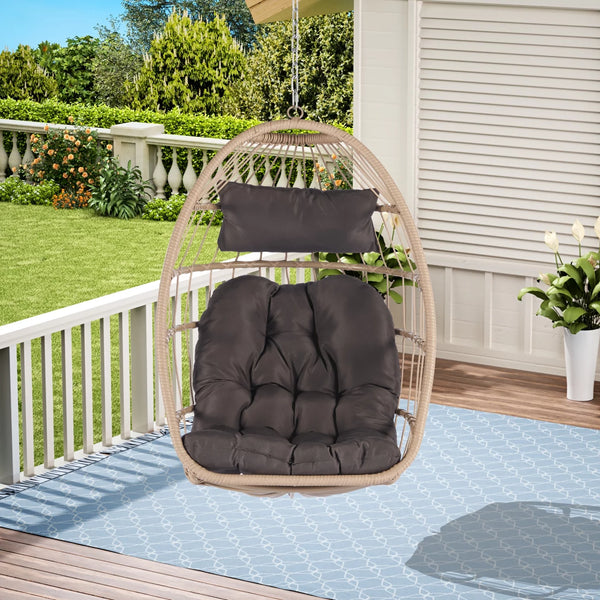 Hanging Egg Chair Indoor Outdoor without Stand, Foldable Wicker Rattan Swing Egg Chairs with Thick Cushion, Hammock Egg Hanging Chair with Aluminum Frame for Bedroom Patio Balcony, Wood+Dark Gray