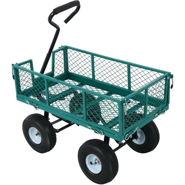 Heavy-Duty Steel Garden Cart, Folding Utility Wagon Cart with Removable Sides and 180°Rotating Handle,Metal Steel Wagon Cart for Outdoor, Lawn, Yard, Farm,Green,Weight Capacity 550 Lbs