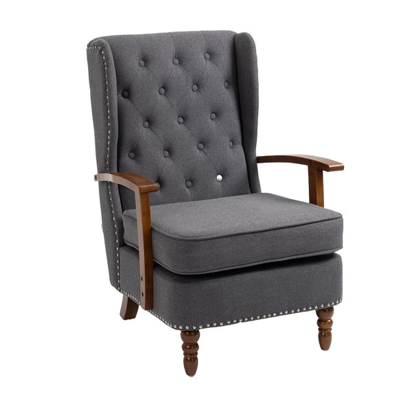 High Back Linen Accent Chair, Nailhead Trim Wingback Armchair with Padded Cushion, Upholstered Single Sofa Chair with Wood Legs, Leisure Barrel Chair for Living Room, Bedroom, Lounge, Office,